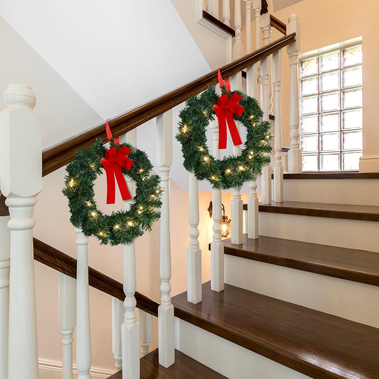 Yuxung 6 Pcs 14 Inch Pre Lit Christmas Wreath with Lights Mini Artificial LED Christmas Front Door Wreath with Red Bow for Xmas Holiday Party Decorations Table Fireplaces Porch Wall Ornament Yuxung