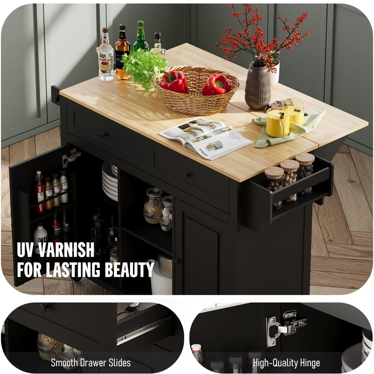 Coolove Kitchen Island with Storage on Wheels, 53" Large Rolling Kitchen Island with Drop Leaf, Mobile Kitchen Islands Cart with 2 Drawers, Bamboo Countertop Islands Table with Towel Spice Rack, Black Coolove