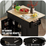 Coolove Kitchen Island with Storage on Wheels, 53" Large Rolling Kitchen Island with Drop Leaf, Mobile Kitchen Islands Cart with 2 Drawers, Bamboo Countertop Islands Table with Towel Spice Rack, Black Coolove