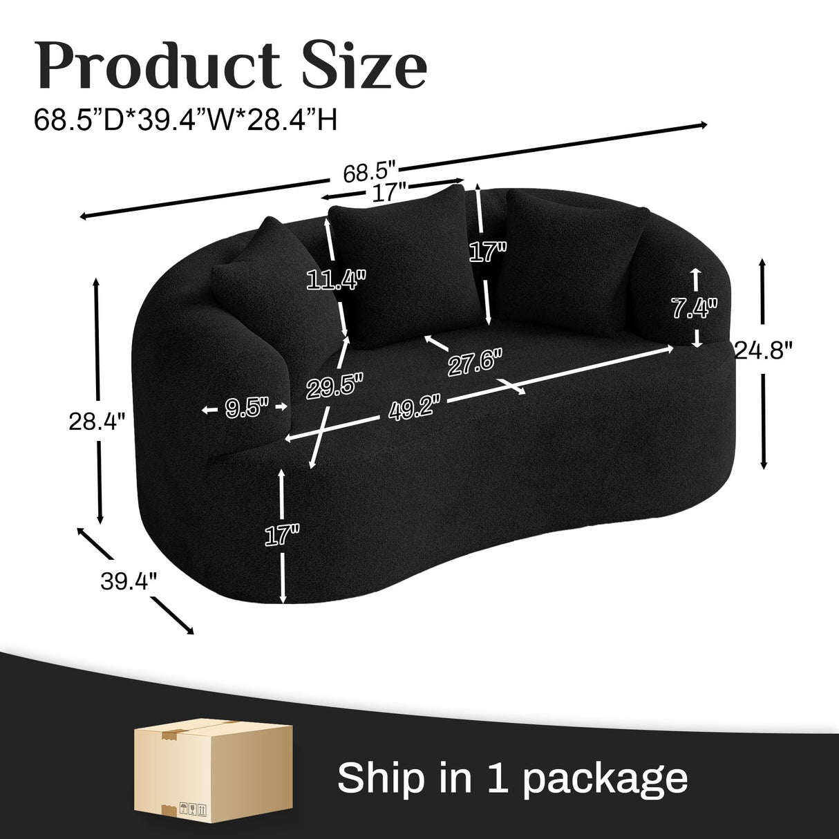 68.5" Loveseat Sofa for Living Room, Modern Luxury Plush Chenille Extra Deep Seat Curved Cloud Floor Couch with 3 Throw Pillows for Small Spaces, No Assembly Needed, Black DAMAIFROM