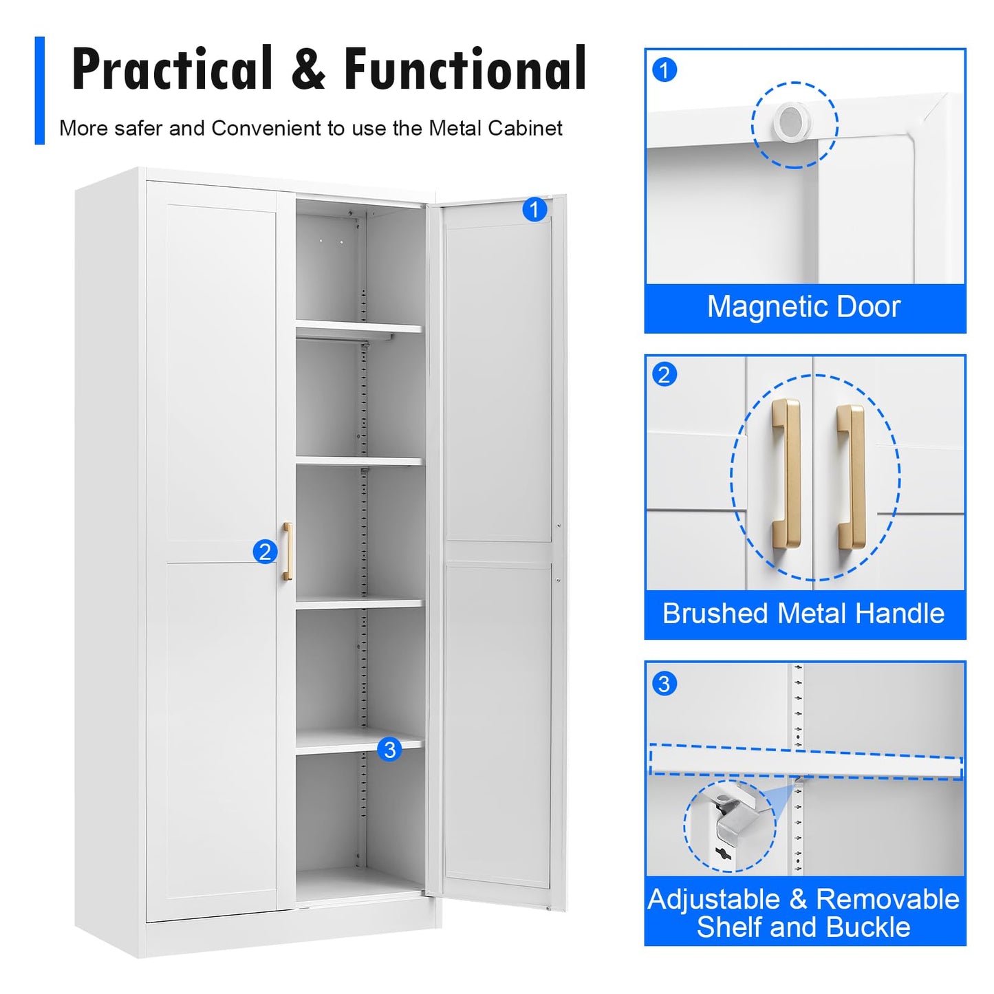 Polup White Kitchen Pantry Cabinet, Pantry Storage Cabinet with Doors and Adjustable Shelves, Metal Food Pantry Cabinets with Handle, 71" Tall Freestanding Cupboard for Living Room-Assemble R - WoodArtSupply