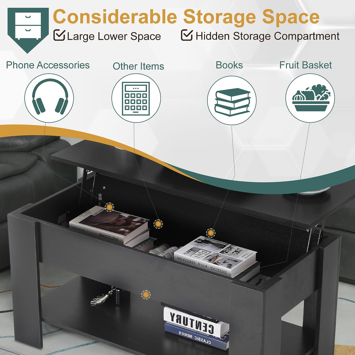 PayLessHere Coffee Table Lift Top Coffee Tables with Hidden Compartment and Storage Shelf Wooden Lift Tabletop Dining Table for Living Room Home (Black, 39" D x 28" W x 24" H) PayLessHere