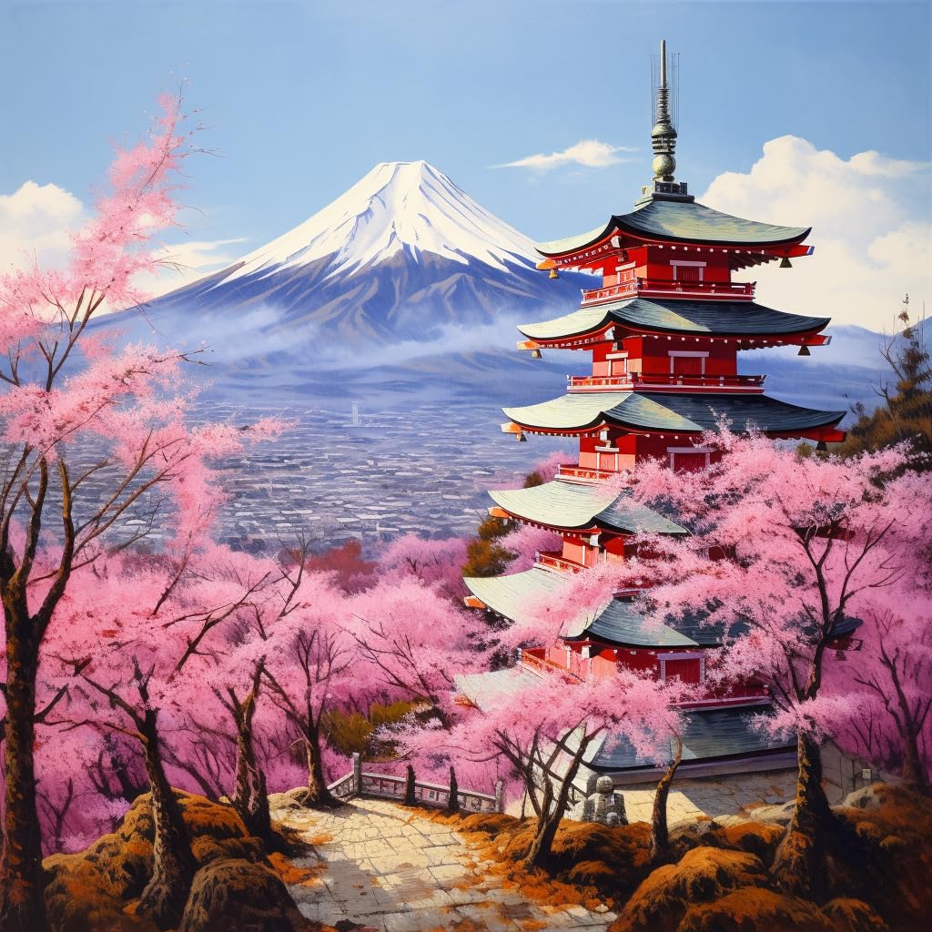 Landscape Japan Chureito Pagoda and Mt. Fuji in The Spring with Cherry Blossoms Scenery 5D Adult Diamond Art,DIY Diamond Art Painting Kit for Decor Canvas 11.7x15.7inch/30x40cm Generic