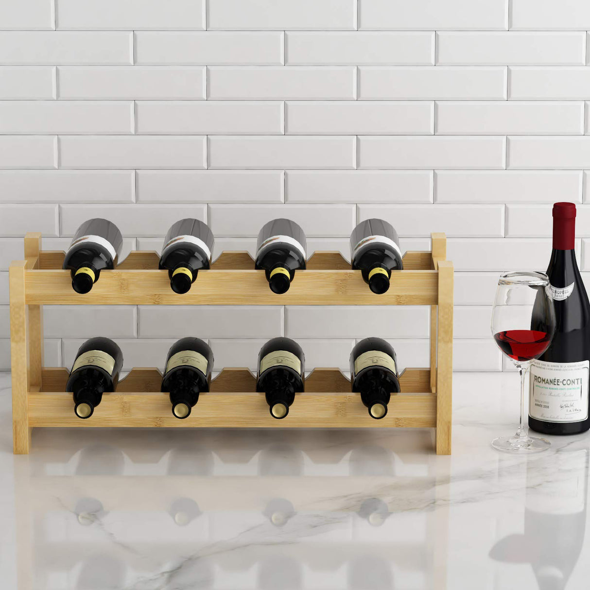 BAMEOS Wine Rack Free Standing 8 Bottle 2 Tier Bamboo Wine Racks Countertop Cabinet Wine Holder Wine Storage Shelf for Kitchen, Bar, Pantry, Wine Cellar, Basement, Countertop (16.85 L x 9.25W x 7H) BAMEOS