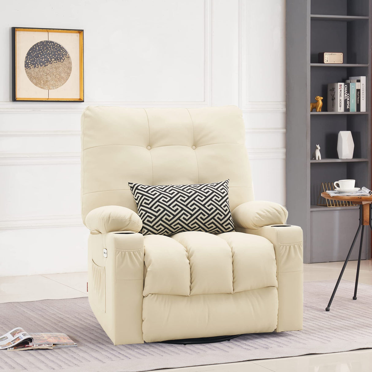 MCombo Large Power Swivel Glider Rocker Recliner Chair with Vibration and Heat for Nursery and USB Ports, Cup Holders and Pockets, Faux Leather 7748 (Cream White, Large) MCombo