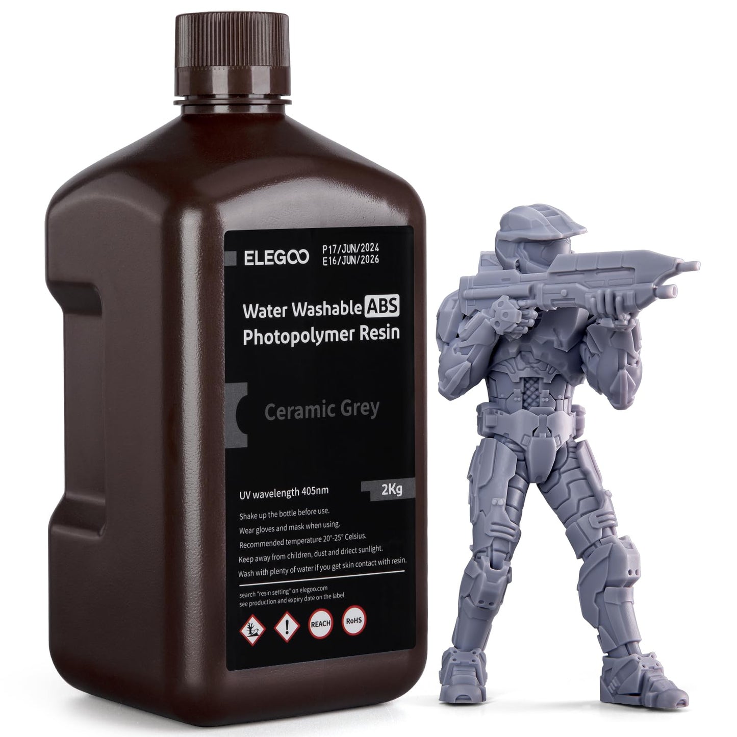 ELEGOO Water Washable ABS-Like 3D Printer Resin, High Durability and Toughness, Low Odor, Wide Compatibility for 405nm Mars Saturn Jupiter MSLA DLP LCD 3D Printing, Ceramic Grey 2000g