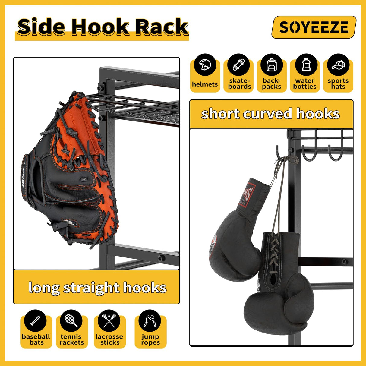 SOYEEZE Sports Equipment Organizer- Ball Storage for Garage,4 Tiers Outdoor Toy Storage,Soccer Racks,Basketball Shooting Training Stand Cart with Wheels and Hooks for Home-School and Gym Use SOYEEZE