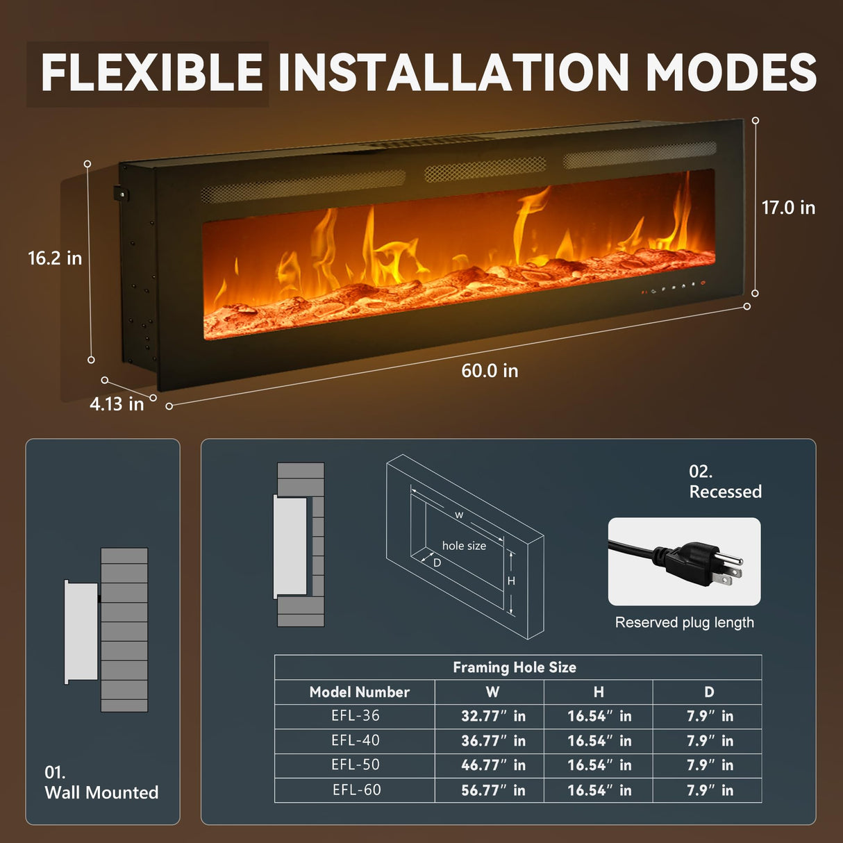 EUHOMY 60 Inch Electric Fireplace Wall Recessed and Wall Mounted with Adjustable Flame Color, Fireplace Heater with Remote Control, Linear Fireplace with Timer, Touch Screen, Log & Crystal, 750/1500W EUHOMY