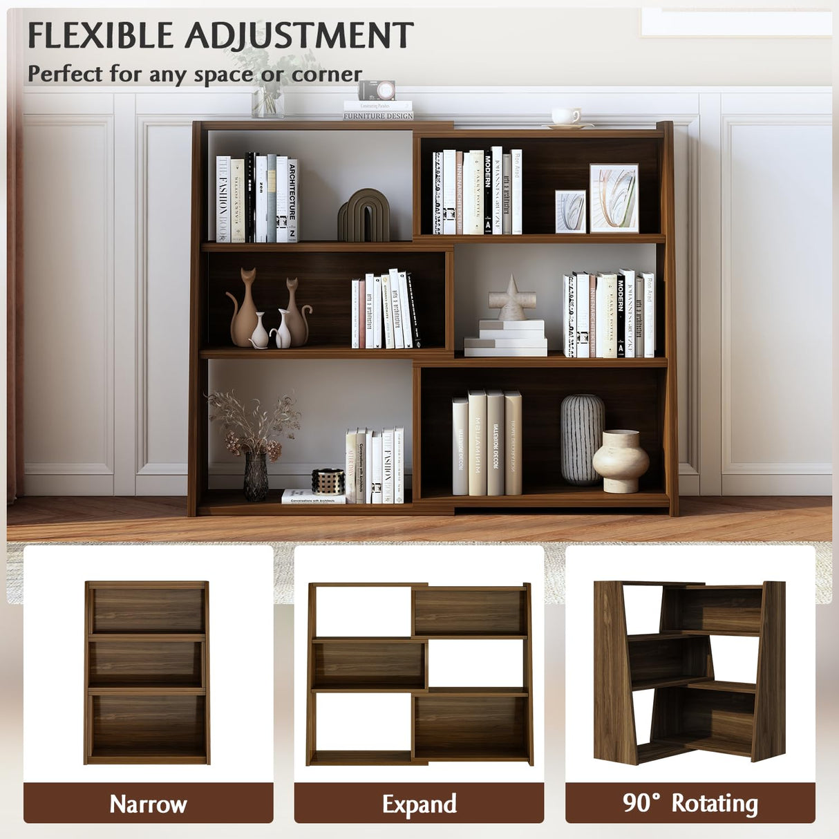 IOTXY Wooden Extendable Shelf Bookcase - 3-Tier Ladder Low Short Bookshelf for Small Space or Corner, Dark Walnut, S IOTXY