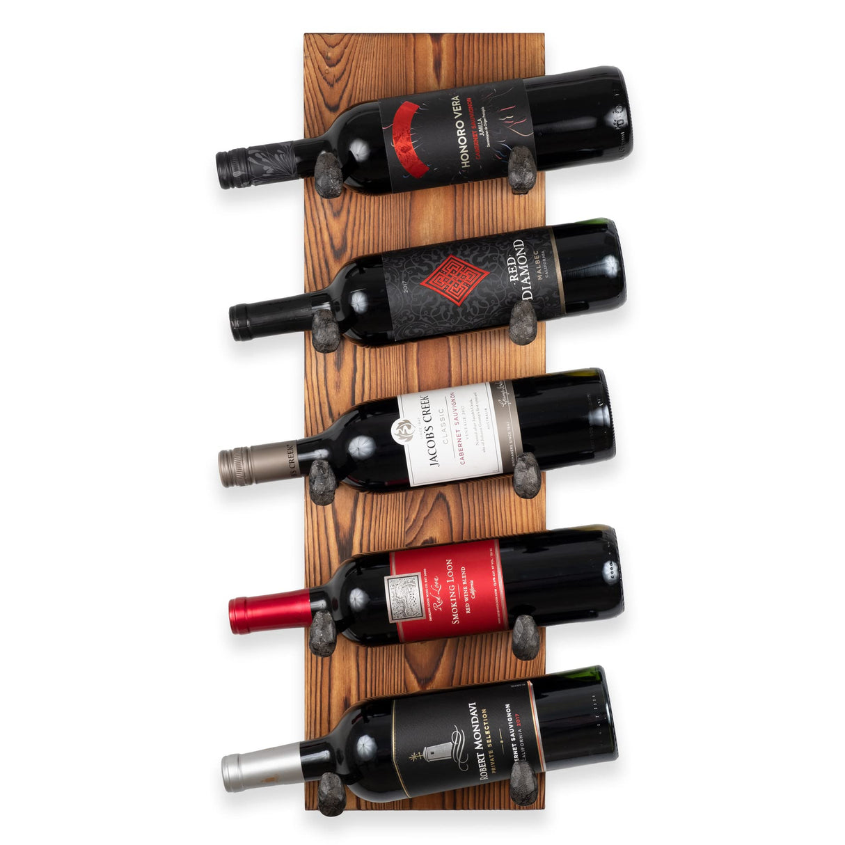 Rustic State Alicante Wall Mounted Reclaimed Wood Vertical Wine Rack Holder Shelf Organizer with Railroad Spike Cast Iron Hooks for 5 Bottles - Home, Kitchen, Dining Room Bar Décor - Walnut Rustic State