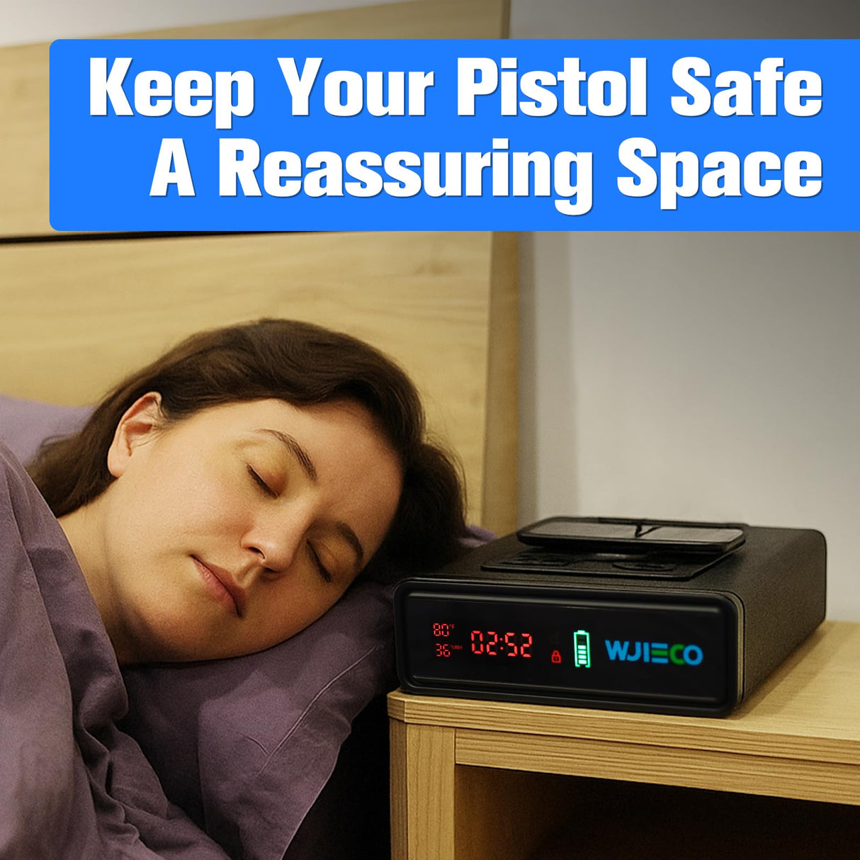 WJIECO Biometric Smart Gun Safe with Phone Charging for Handgun - Biometric Gun Safe 3 Ways Quick Access with Fingerprint/Keypad/Key Lock for Bedside Nightstand or Car with LCD WJIECO