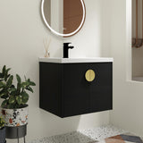 SSLine Modern 24" Floating Bathroom Vanity with Sink Wall Mounted Bathroom Vanity with Top Basin & Storage Cabinet Luxury Black Wood Hanging Vanity w/Ceramic Sink & Gold Handles for Small Space SSLine