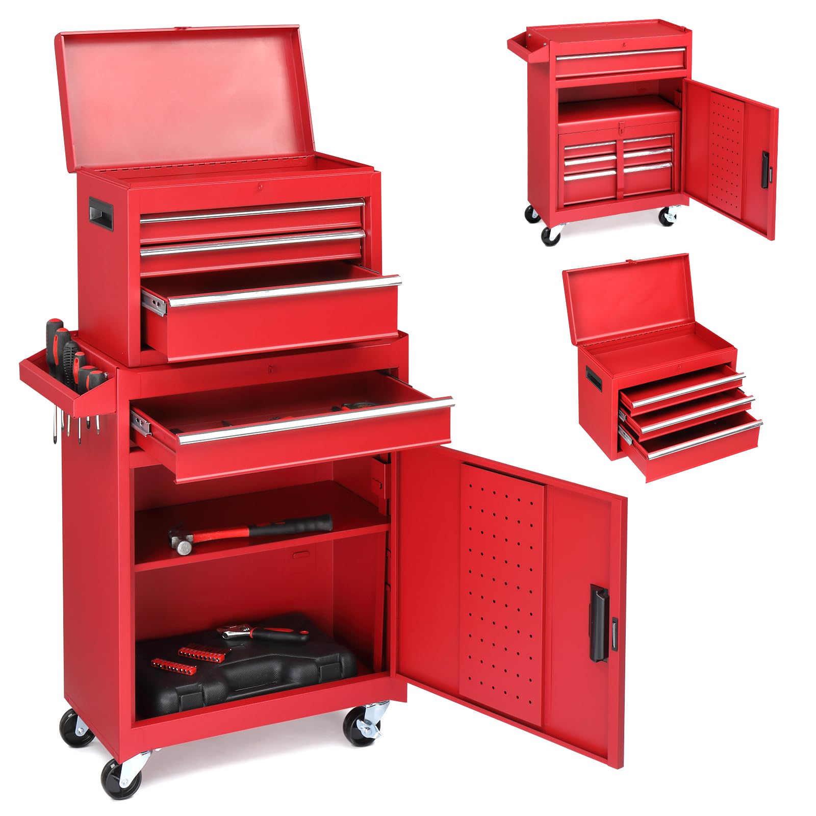 Winado 4-Drawer Rolling Tool Chest with Wheels & Lock, Tool Box with Large Storage Cabinet and Adjustable Shelf, Removable Portable Top Box for Garage, Warehouse, Factory (Red) - WoodArtSupply