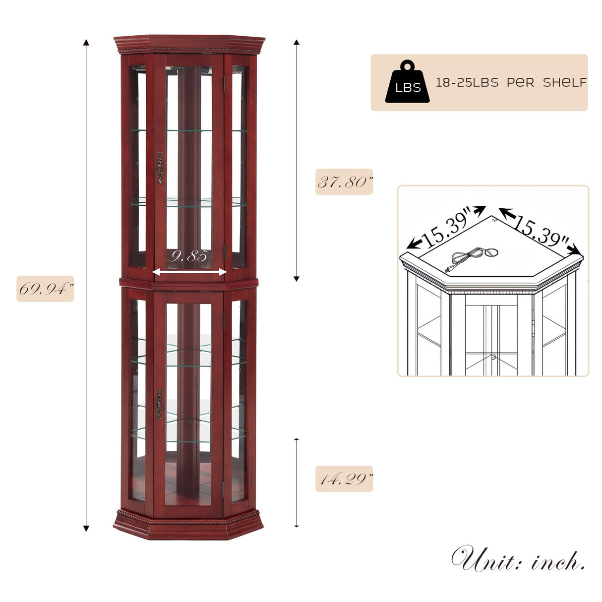 Eyisean Lighted Corner Curio Cabinet 70" Glass Display Cage with 6 Tempered Adjustable Shelves, Freestanding Home Bar Cabinet with Door, Rack for Liquor Storage and Living Room (Cherry) Eyisean