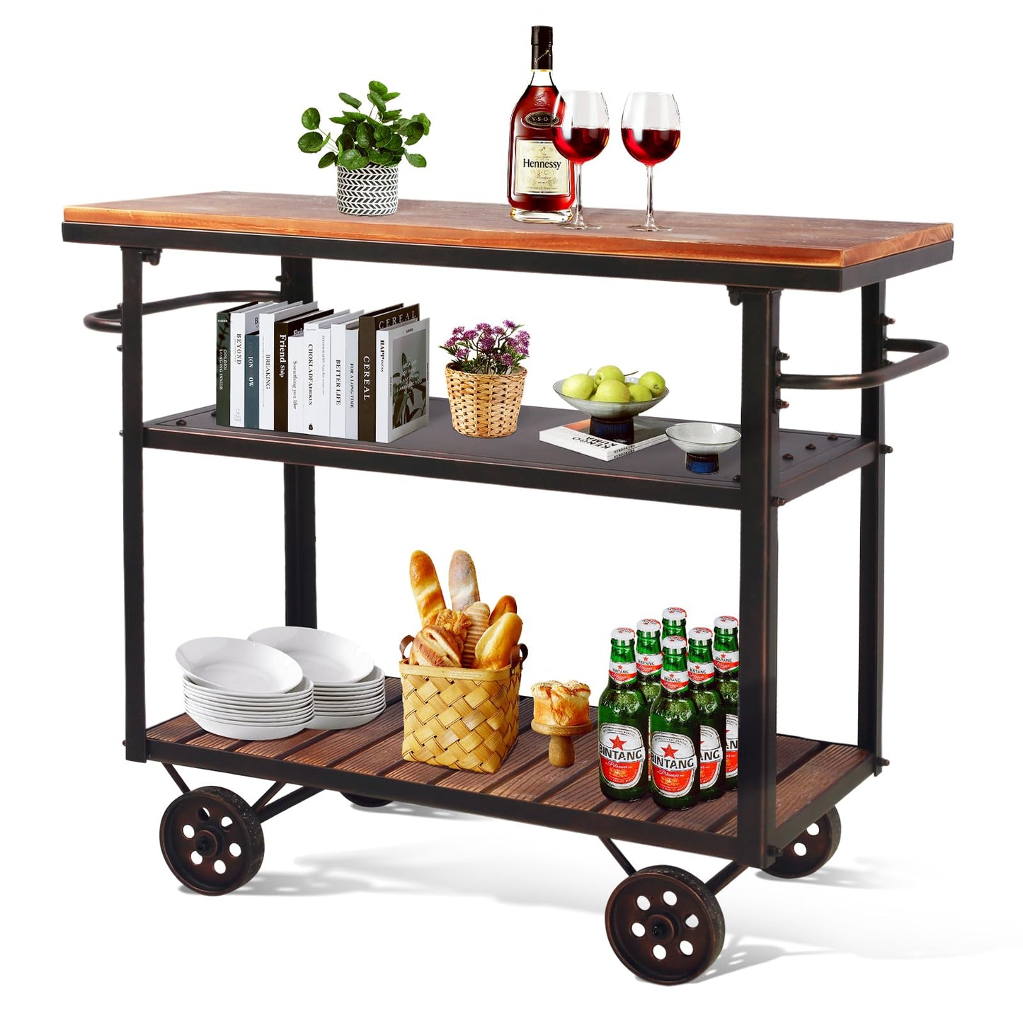 Industrial Bar Cart, Serving Cart with Wheels and Handle, 3-Tier Beverage Metal Cart with Removable Tray and Storage Shelves for Living Room Kitchen, Rustic Copper