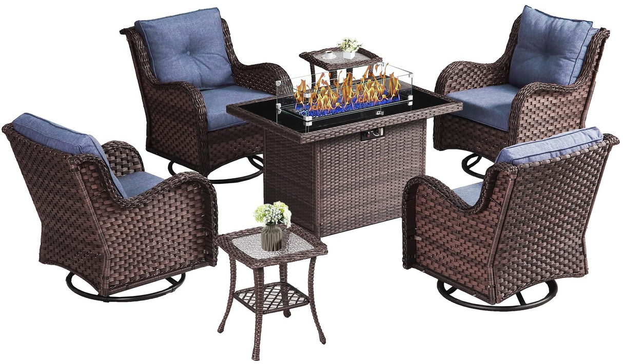 LayinSun 7 Pieces Outdoor Patio Furniture Set with Fire Pit Table, Rattan Wicker Swivel Rocker Chairs Sets with Swivel Glider Chairs and Coffee Table LayinSun