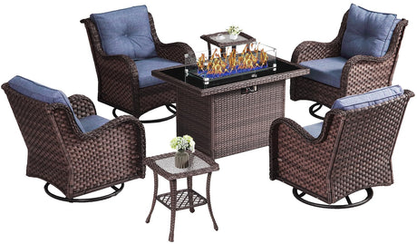 LayinSun 7 Pieces Outdoor Patio Furniture Set with Fire Pit Table, Rattan Wicker Swivel Rocker Chairs Sets with Swivel Glider Chairs and Coffee Table LayinSun