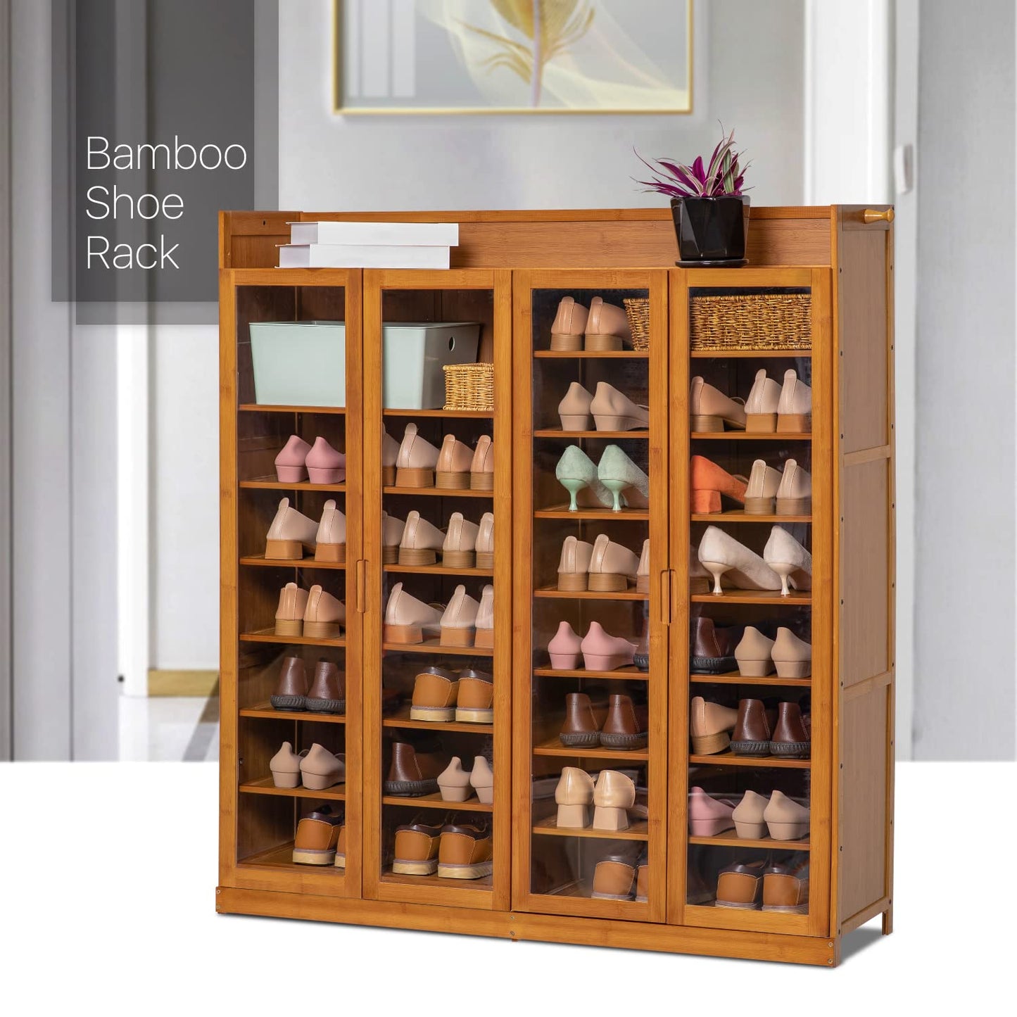 MoNiBloom Shoe Cabinet with Acrylic Doors, 9 Tier Bamboo Free Standing Shoe Shelf Storage Organizer with Side Hooks for 41-45 Pairs Home Entryway, Brown - WoodArtSupply