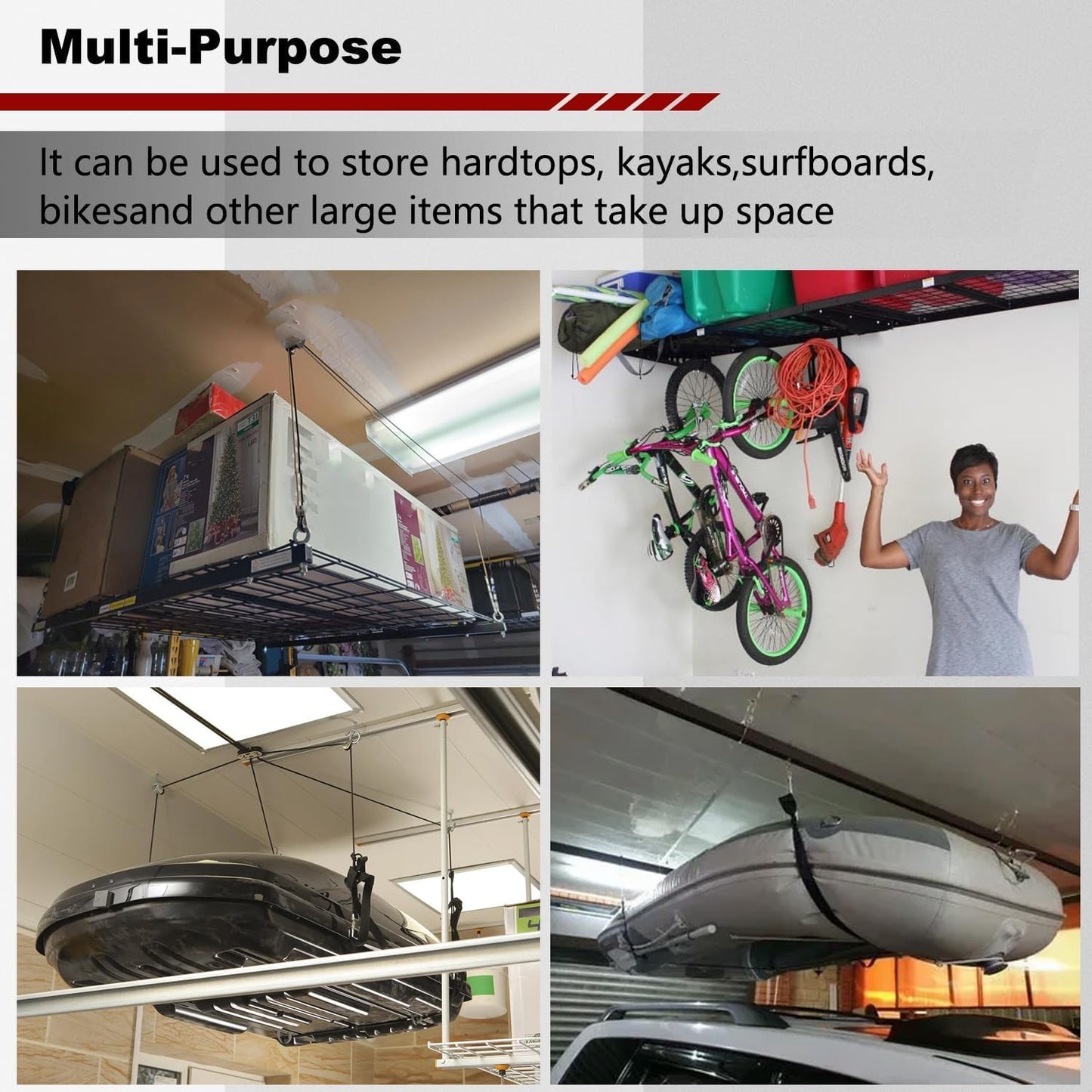 Overhead Garage Storage Lift - Heavy-duty Ceiling Mounted Garage Storage Lift System, Supports 8-16ft Ceilings, for Organization, 300lbs Weight, Compatible Bronco, Wrangler (Deck Not Includ)