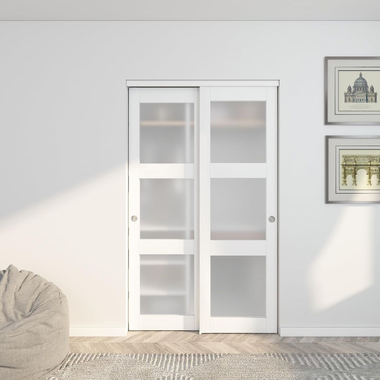 JUBEST Sliding Closet Door 48"(Double 24.5")x80", 3-Lite Frosted Glass Bypass Door with Hardware Kit & Matching Fascia, Pre-Drilled Solid Wood Slab with Water-Proof PVC Surface, Easy to Install, White JUBEST