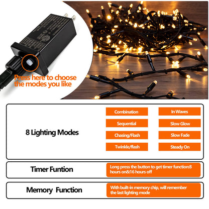 99FT 300 LED Christmas Decoration Lights Outdoor/Indoor, Memory Function & Timer & 8Modes, UL Certified, Green Wire Waterproof String Lights for Christmas Tree Holiday Party Garden Decor (Warm White)