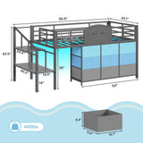 VIAGDO Low Loft Bed Twin Size with 9 Storage Drawers and LED Lights, Metal Twin Loft Bed with Stairway Shelf Storage, Low Loft Bed with Safety Guardrail and Under-Bed Hideaway for Kids, Grey VIAGDO