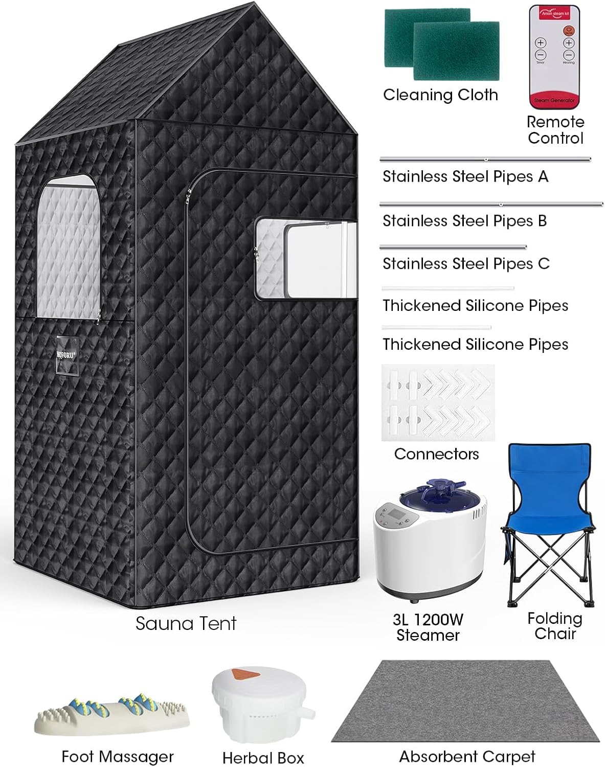 Portable Sauna Box for Home, XL Personal Steam Sauna Tent at Home Spa, Large Indoor Sauna Relaxation Room with 3L & 1200W Steamer, Remote Control, Chair, Mat, Foot Massager (6.4Ft*3Ft*3Ft, Black)