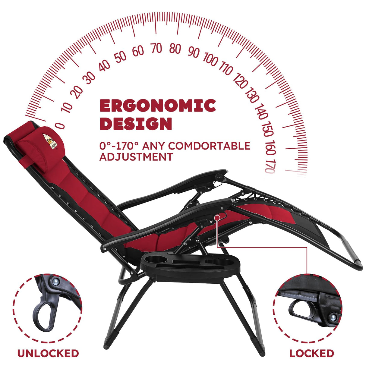 Colegence Oversized Padded Zero Gravity Lounge Chair, Foldable Patio Anti Gravity Reclining Chairs Folding Lawn Recliner with Cup Holder for Yard, Camping, Outdoor, Support 350 LBS, Burgundy Colegence