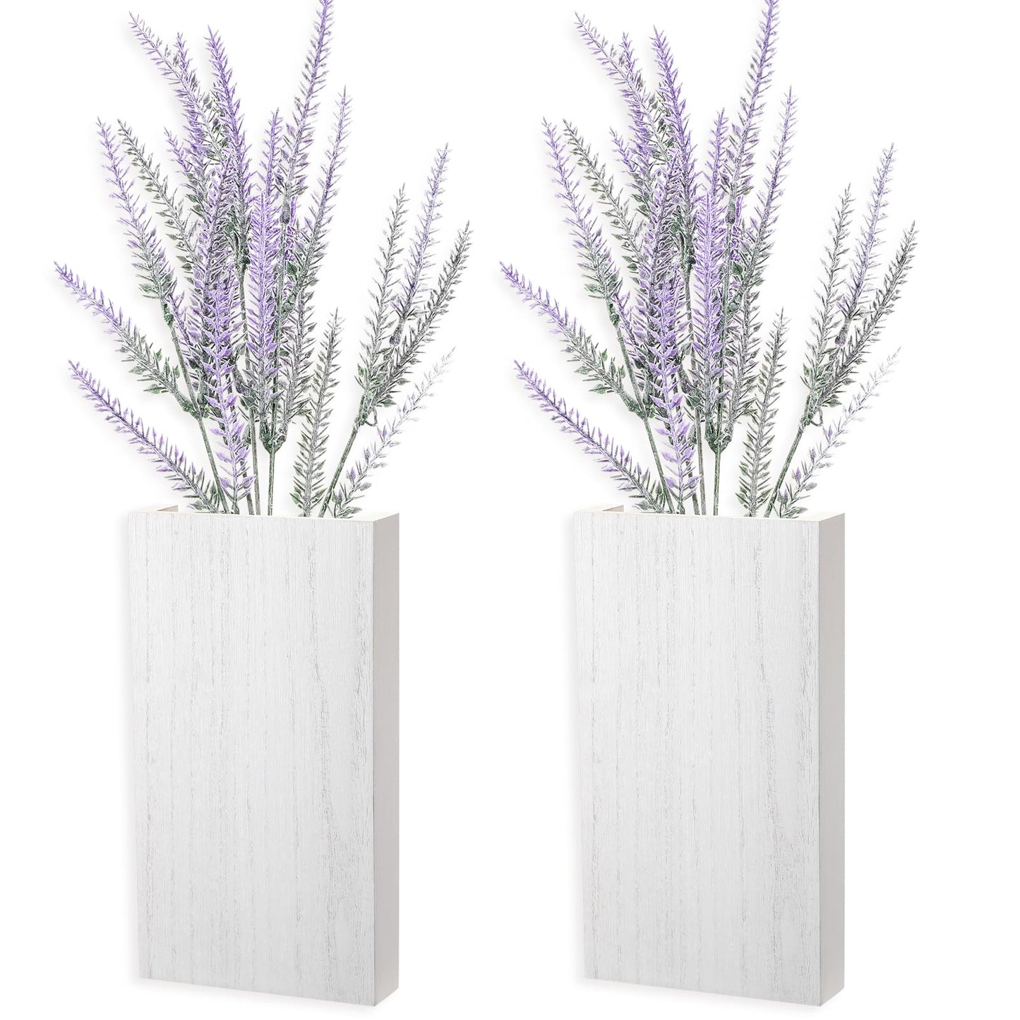 Vesici 2 Pack Wood Wall Planter Vase with Artificial Plants Indoor Plants Holder Pocket Farmhouse Wooden Vases Wall Flower Vase Hanging Plant Decor for Bedroom Kitchen Office Home (White,Lavender)