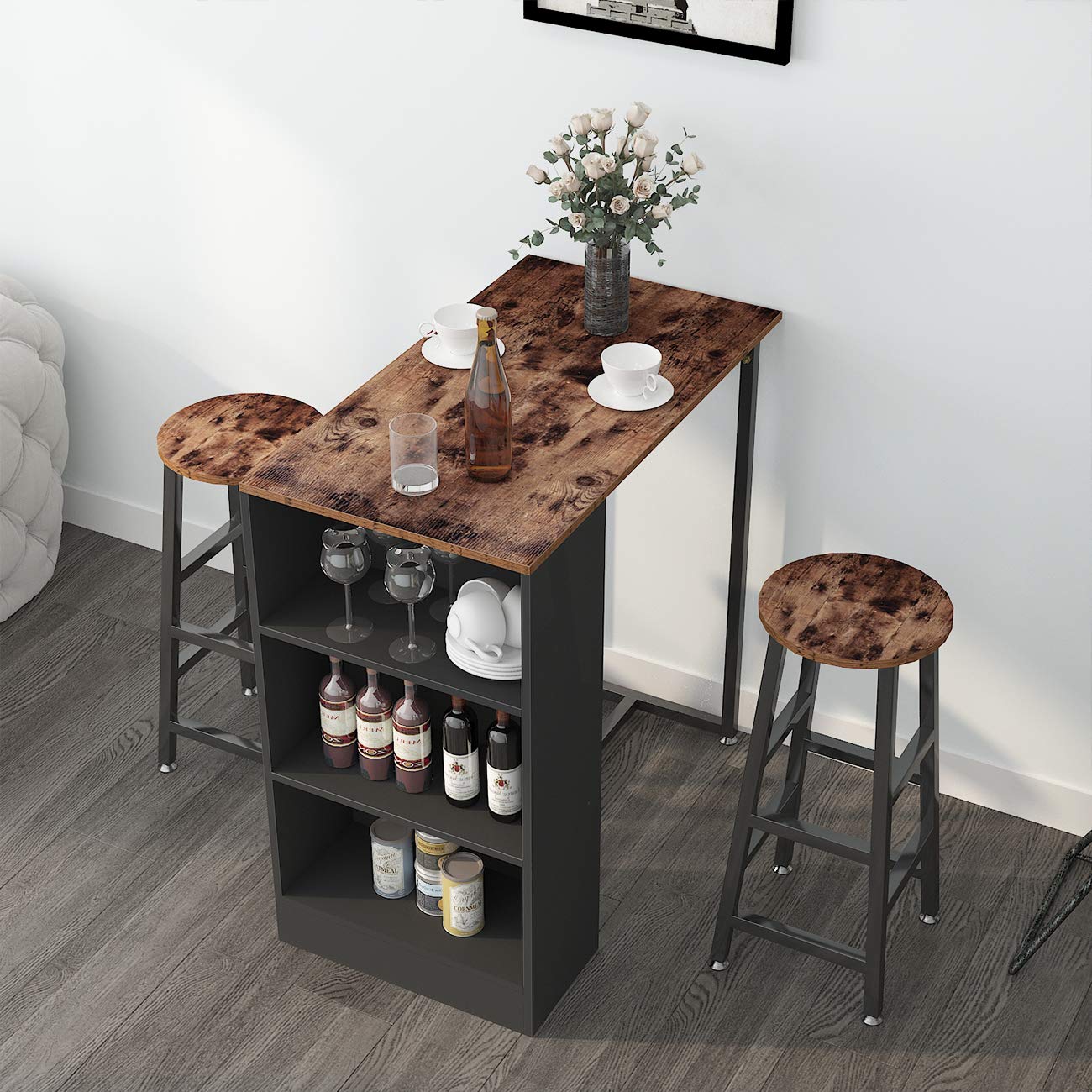 Sogesfurniture 3-Piece Brown Pub Bar Table Set with Stools and Storage Shelves