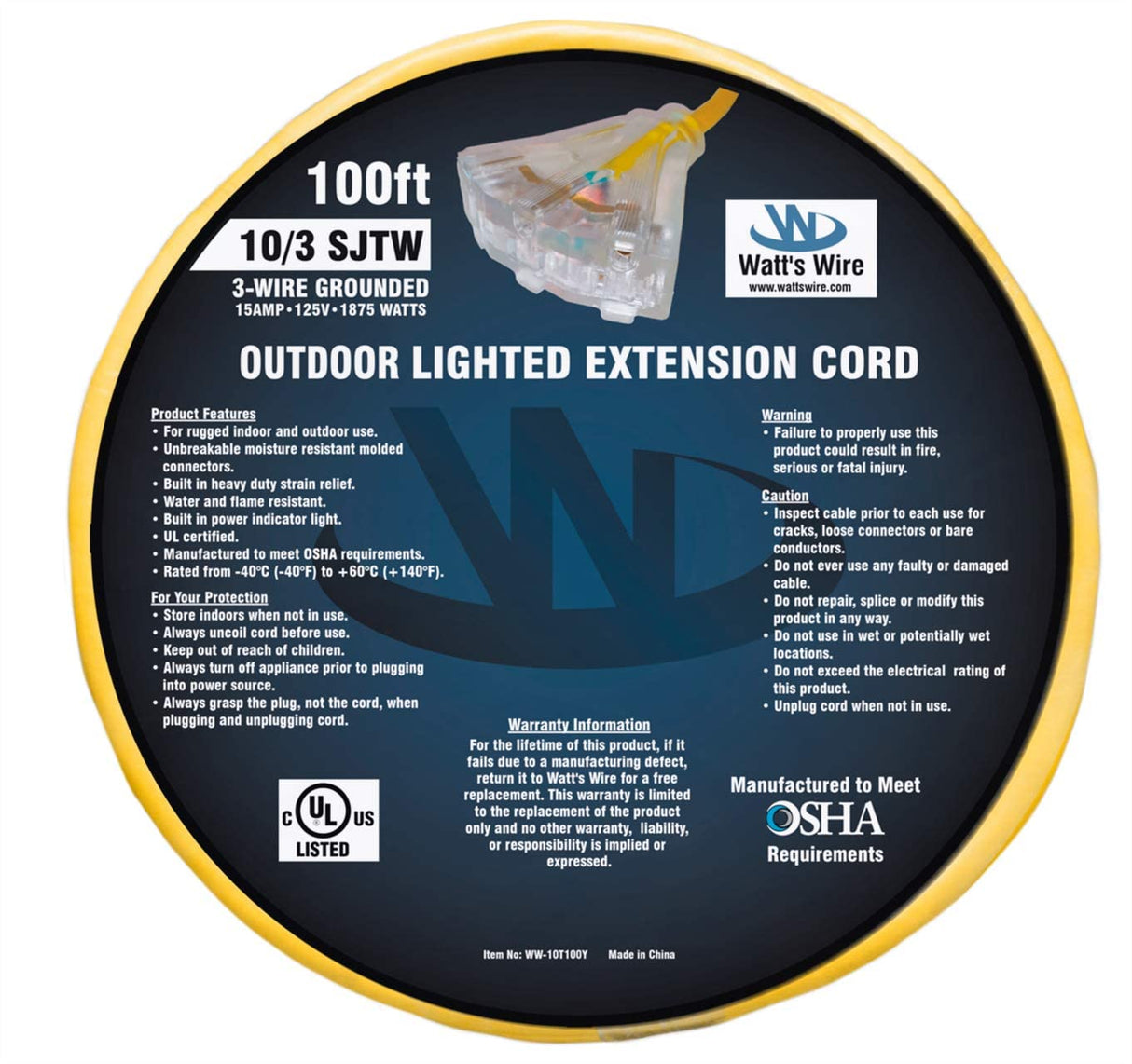 100 ft - 10 Gauge Heavy Duty Extension Cord - 3 Outlet Lighted SJTW - Indoor/Outdoor Extension Cord by Watt's Wire - 100' 10-Gauge Grounded 15 Amp Extension Cord Watt's Wire