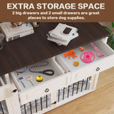 86.6" Large Dog Crate Furniture for 2 Dogs,XXXL Wooden Furniture Style Double Dog Crates Kennel Cage TV Stand End Table with 4 Drawers Divider Locks,White Pitmoto