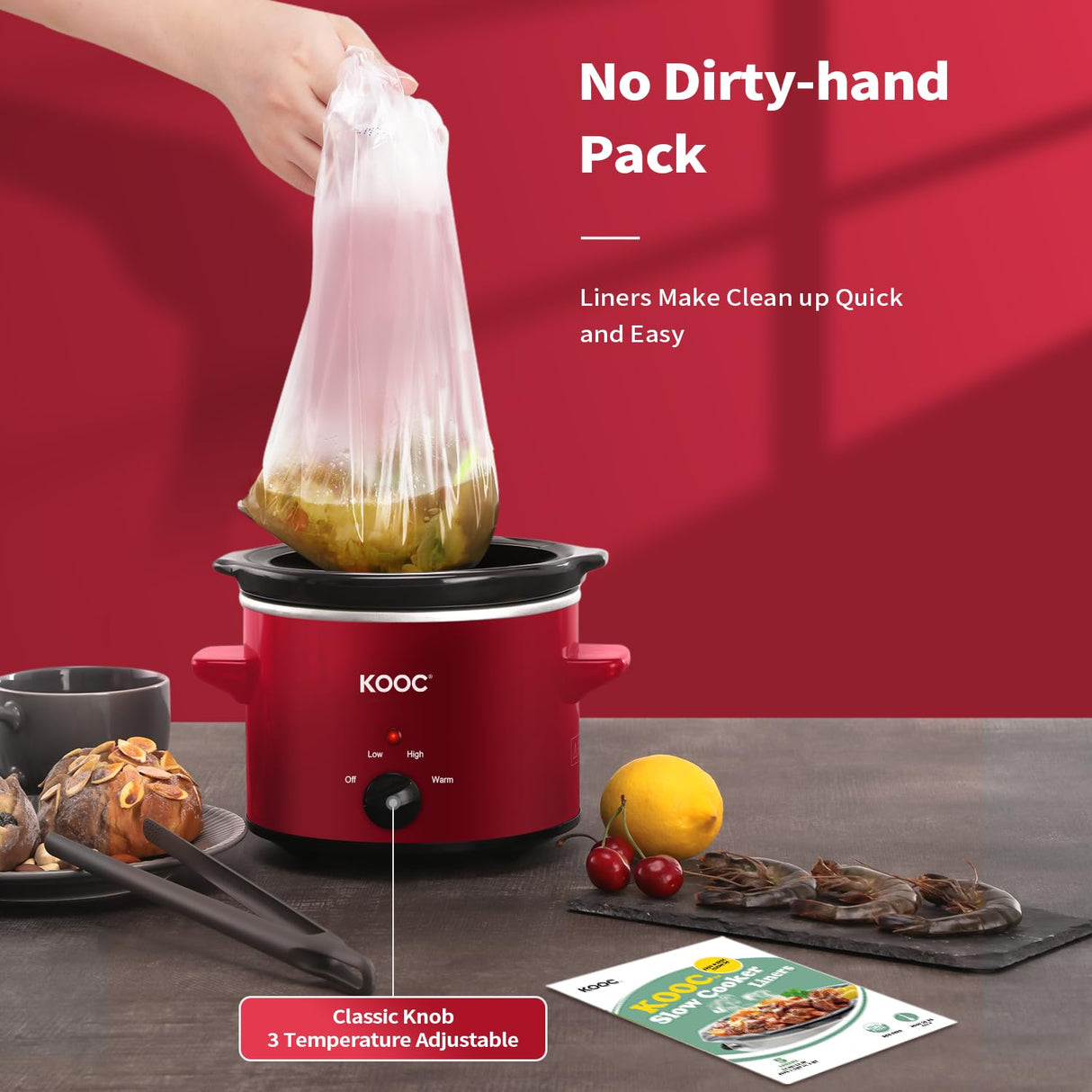 KOOC Small Slow Cooker, 2 Quart, Free Liners Included for Easy Clean-up, Upgraded Ceramic Pot, Adjustable Temp, Nutrient Loss Reduction, Stainless Steel, Red, Round KOOC