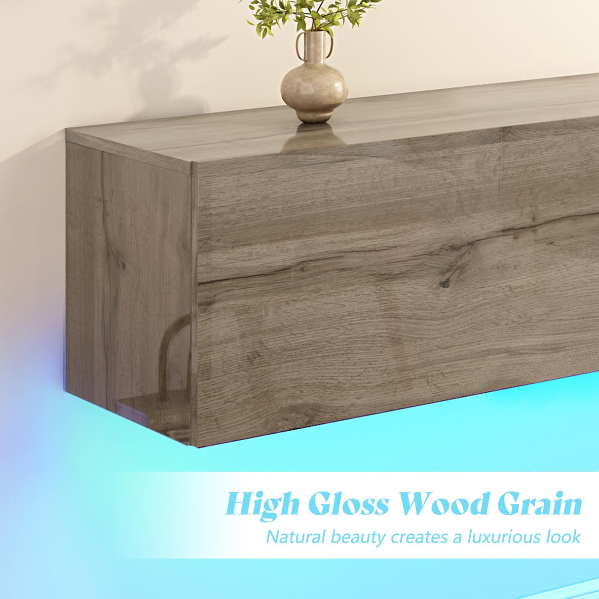 AMERLIFE 70" Floating TV Stand with LED Lights and Power Outlet, High Gloss Wooden Texture Wall Mounted Media Console Entertainment Center for TVs Up to 80", Grey AMERLIFE