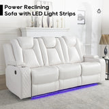 Power Reclining Sofa Couch with Wireless Charger, 3 Seaters with Recliner with Reading Light, Leather Electric 3 Seat Sofa Sectional Set for Living Room, Home Theater Seating with LED Lights, White Comfort Stretch