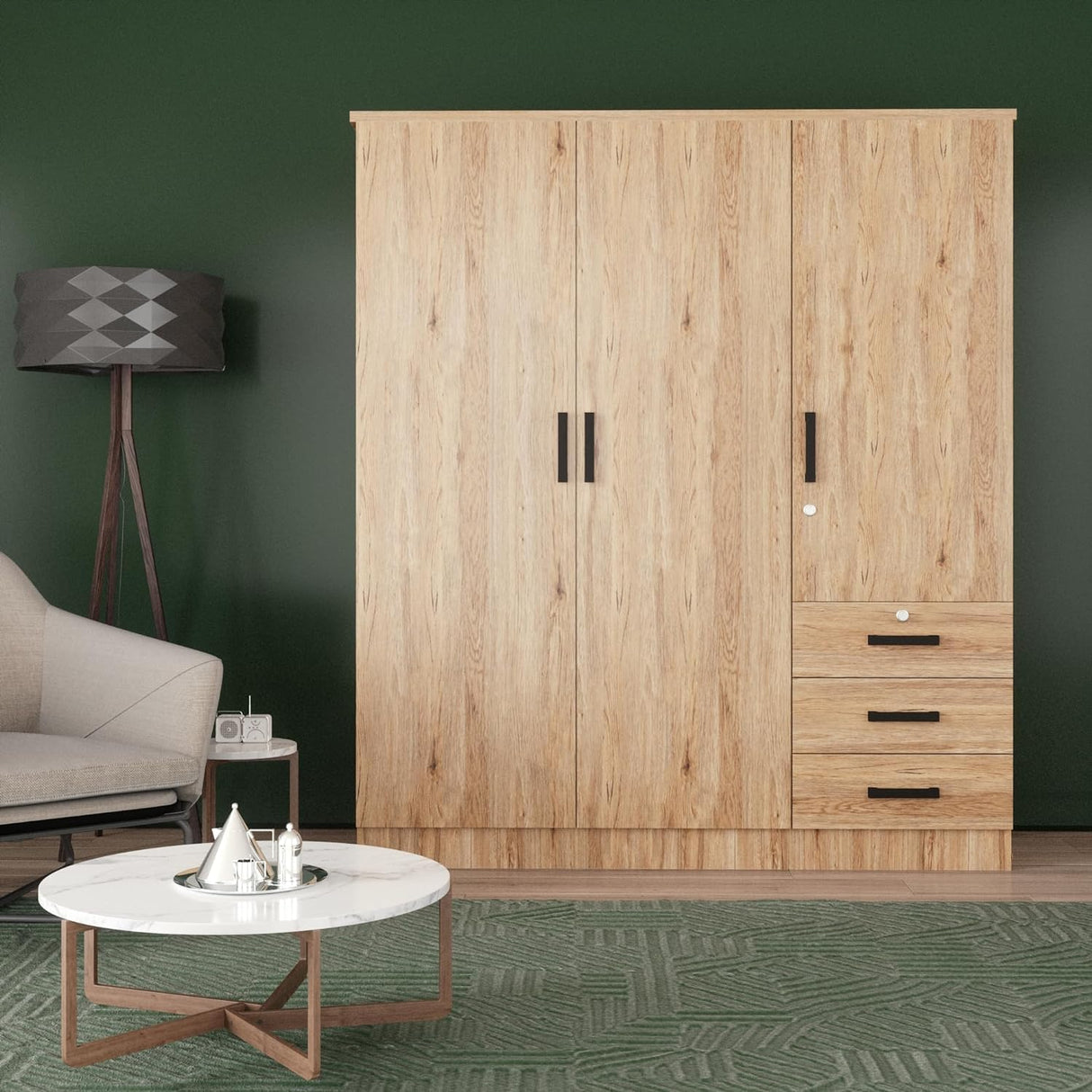 Violet Wardrobe Closet 3 Doors and 3 Drawers (Natural Oak) Woodpeckers Furniture And Mattress