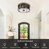 Rosient Rustic Close to Ceiling Light Fixtures, Farmhouse Wood Grain Flush Mount Ceiling Lighting, Metal Cage Lighting with Seeded Glass for Home Kitchen Dining Room Bedroom Hallway Entryway Foyer Rosient