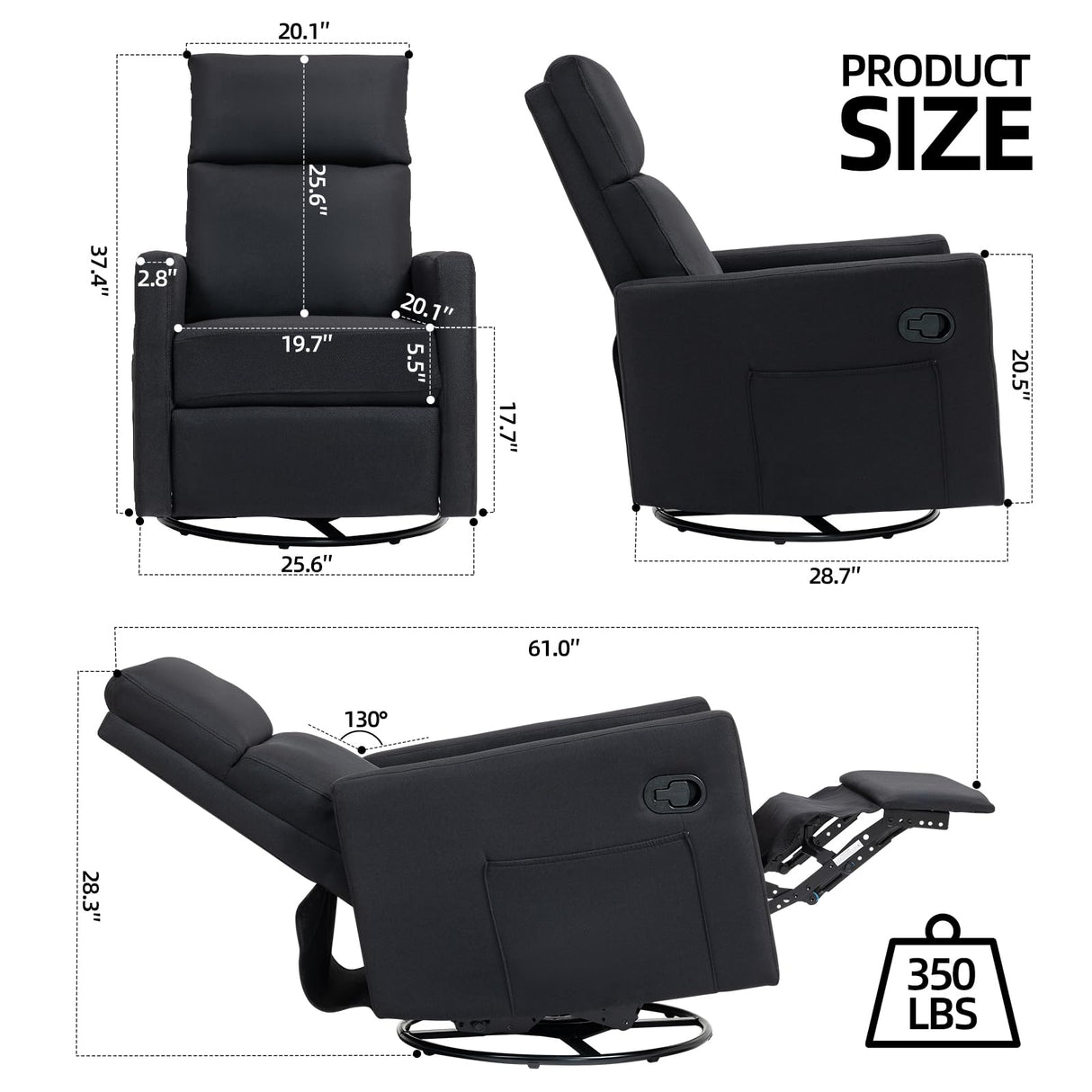 LONWIK Swivel Rocker Recliner Chairs Set of 2, Upholstered Fabric Nursery Rocking Glider Chair with Adjustable Backrest and Footrest, Lay Flat Recliner Single Lazy Sofa for Living Room(Black) LONWIK