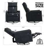 LONWIK Swivel Rocker Recliner Chairs Set of 2, Upholstered Fabric Nursery Rocking Glider Chair with Adjustable Backrest and Footrest, Lay Flat Recliner Single Lazy Sofa for Living Room(Black) LONWIK