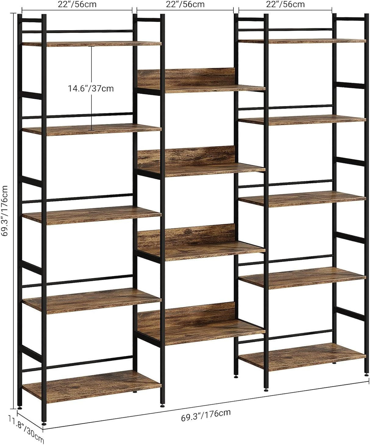 Triple Wide 5 Tier Bookcases and Bookshelves,Adjustable Industrial Style BookShelf With 14 Open Display Shelves,Metal Frame Wide Book Shelf Book Case for Bedroom Living Room Home Office Study Room Amenitlif