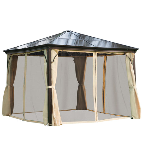 Outsunny 10' x 10' Hardtop Gazebo Canopy with Polycarbonate Roof, Aluminum Frame, Permanent Pavilion Outdoor Gazebo with Netting, for Patio, Garden, Backyard, Deck, Lawn, Beige Outsunny