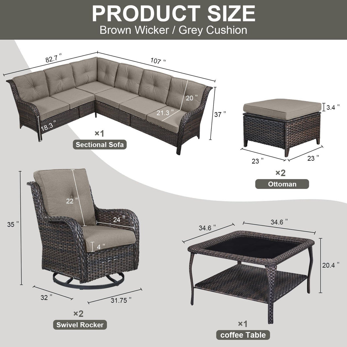 Outdoor Furniture Sectional Sofa L Shaped Couch - Patio Wicker Set with 2 Swivel Glider Chairs, 8 Piece Rattan Patio Conversation Sets with Gray Cushion for Deck Backyard Sunroom Grey Cushion Belord