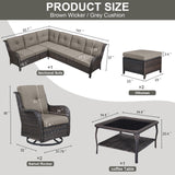 Outdoor Furniture Sectional Sofa L Shaped Couch - Patio Wicker Set with 2 Swivel Glider Chairs, 8 Piece Rattan Patio Conversation Sets with Gray Cushion for Deck Backyard Sunroom Grey Cushion Belord