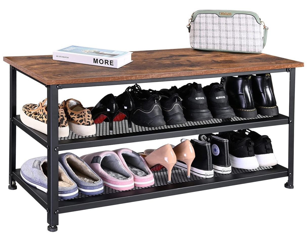 RokiaTek Shoe Bench 3-Tier Shoe Rack 39.4" for Entryway, Storage Organizer Entry Bench with Mesh Shelves Wood Seat for Hallway, Living Room, Steel Frame, Rustic Brown and Black RokiaTek