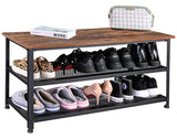RokiaTek Shoe Bench 3-Tier Shoe Rack 39.4" for Entryway, Storage Organizer Entry Bench with Mesh Shelves Wood Seat for Hallway, Living Room, Steel Frame, Rustic Brown and Black RokiaTek