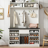 4ever2buy Farmhouse Hall Tree with Bench and Shoe Storage, 5-in-1 Farmhouse Hall Tree with Adjustable Shelf and Barn Doors, Entryway Bench with Coat Rack, White 4ever2buy