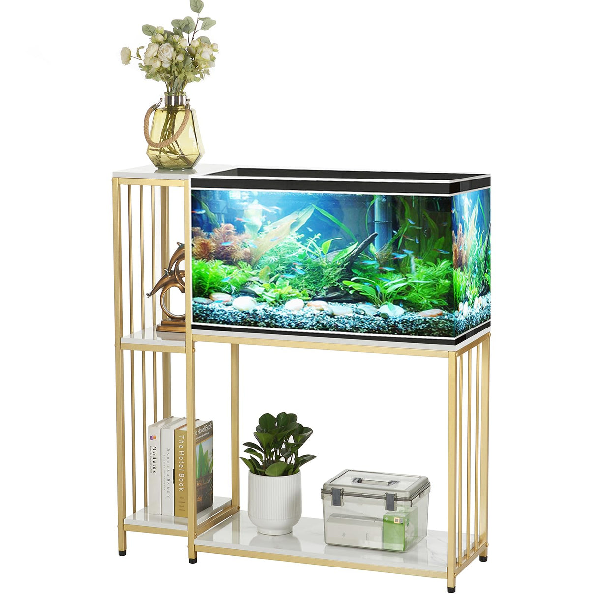 GOLASON Fish Tank Stand for up to 29 Gallon Aquarium, Reptile Terrariums Tank Stand, Metal Wooden Aquarium Stand, Gold GOLASON