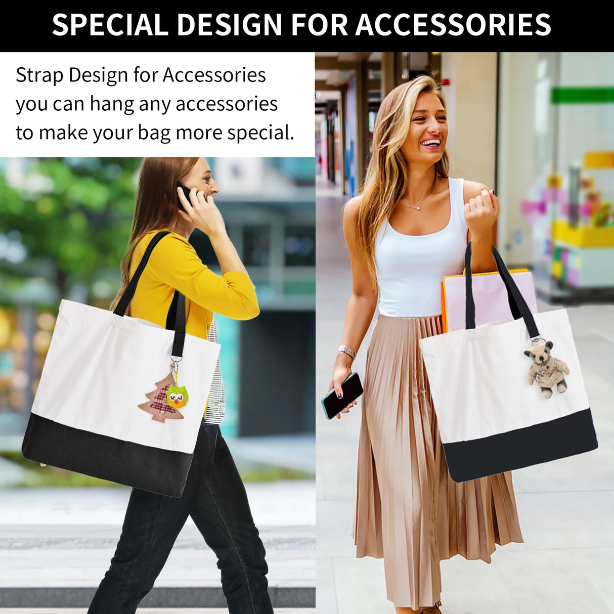 HWJH 6 Pack Canvas Tote Bags with Zipper, Blank Reusable Grocery Bags, Widened Washable Bag With Inner Pocket, Shopping Travel large tote bags for DIY Heat Transfer, Birthday Gifts for Women (Black) HWJH