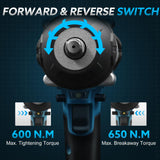 SPICIMOMO Cordless Impact Wrench 1/2 Inch for Car, 20V Brushless Power Impact Gun 600N.m(443Ft-lbs) with 2 Packs 4.0Ah Batteries, High Torque Electric Impact Driver for Mechanic, Mechanical Engineer SPICIMOMO