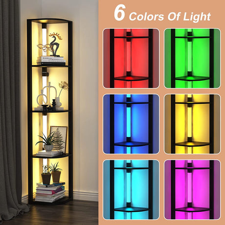VTRIN Corner Shelf with Light, Modern Home Decor Stand Floor Lamps with Storage Shelves for Collectibles, Sturdy 5-Tier Corner Bookshelf Cabinet Display Shelf for Living Room Bedroom Small Space VTRIN